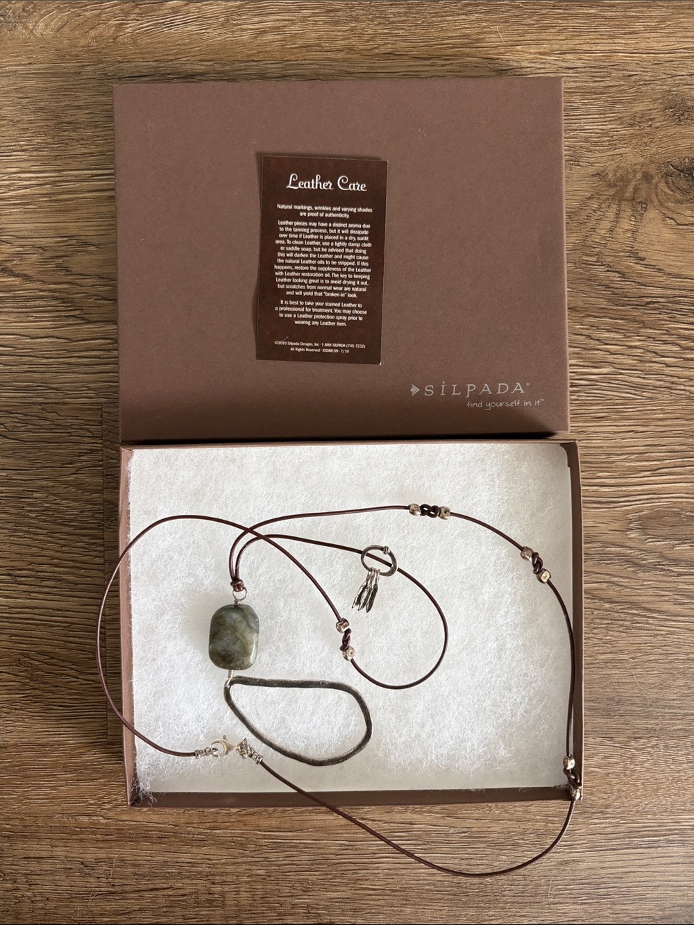 Silpada Brown Leather Necklace with Green Stone Pendant